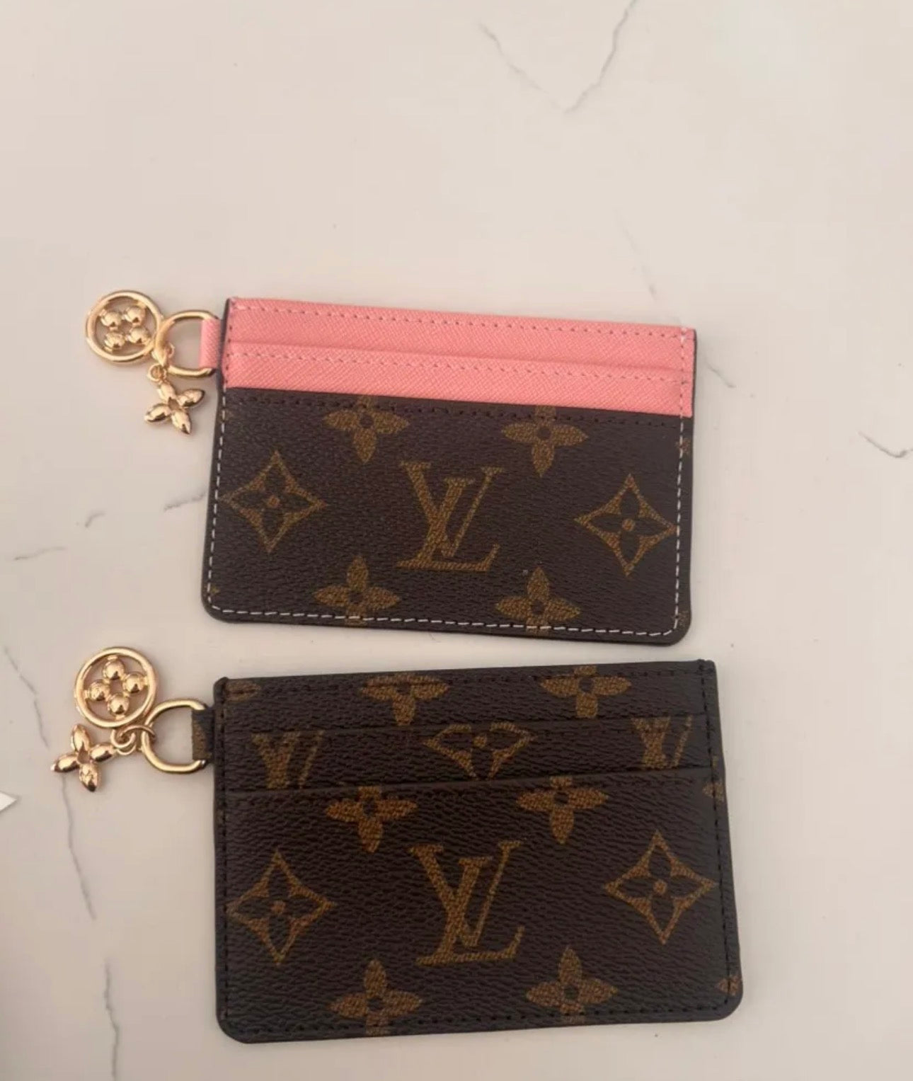 Luxury Monogram Card Holder with Gold Charm – Brown & Pink